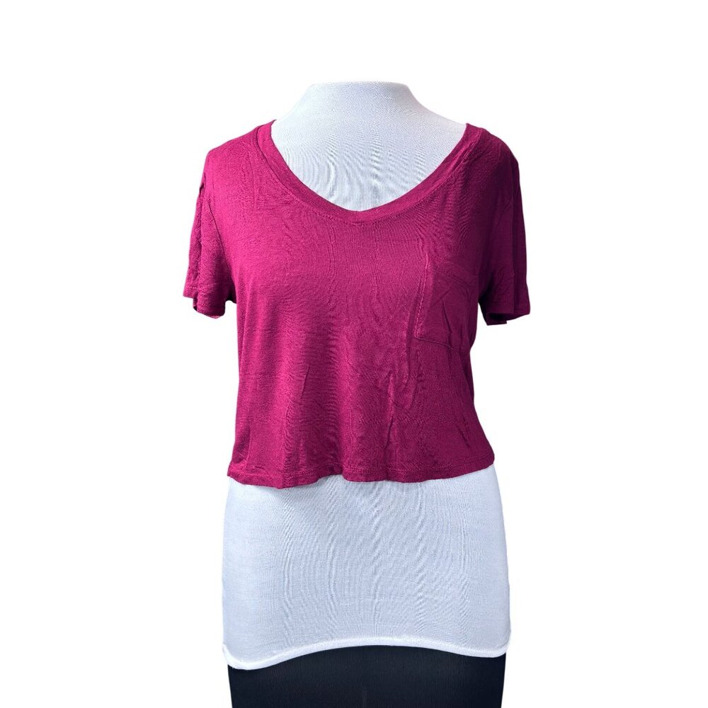 Bozzolo Womens V-Neck Cropped T-Shirt S Rayon/Spandex Blend Burgundy